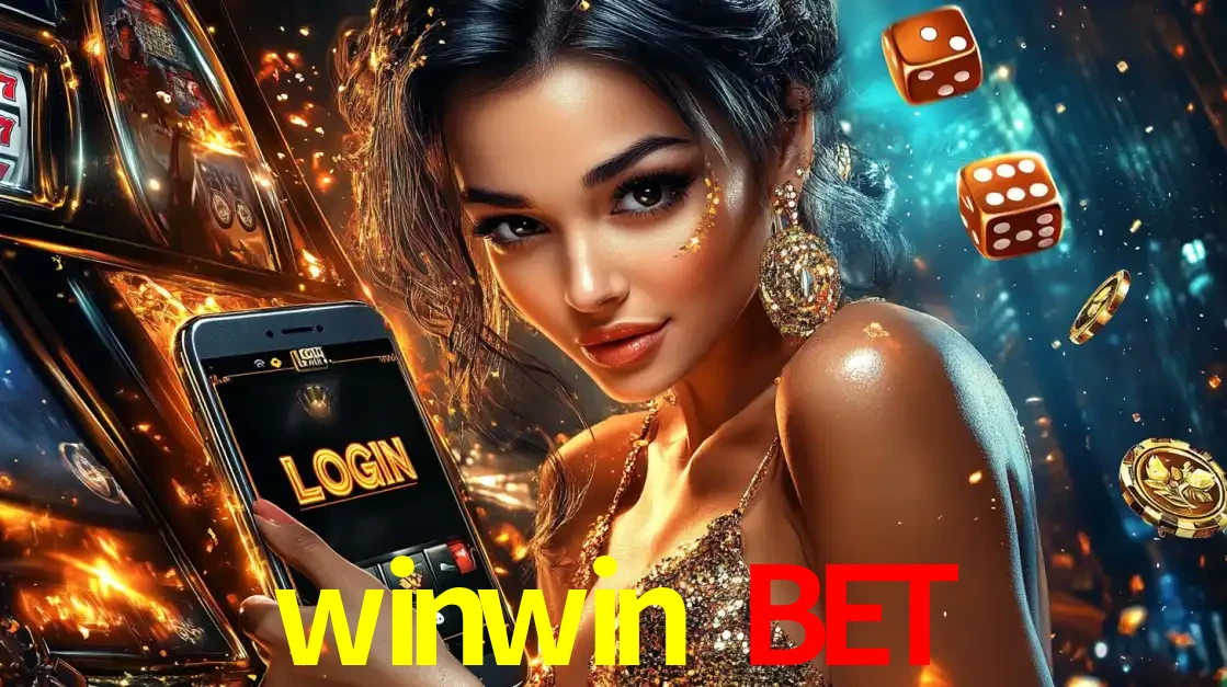 Mulher glamourosa segurando um celular com a tela de login do cassino winwin bet, rodeada por dados e moedas douradas, pronta para começar a diversão.
