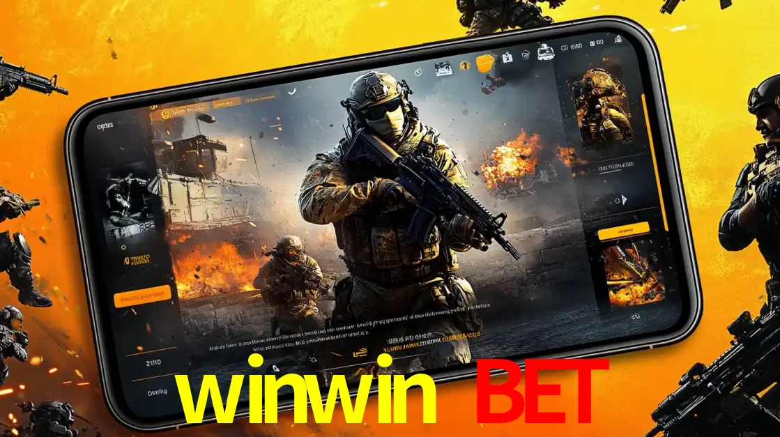 Um smartphone exibindo a interface de um jogo de tiro em primeira pessoa, com um soldado em um cenário de batalha, representando a ação dos e-sports para apostar no winwin bet.