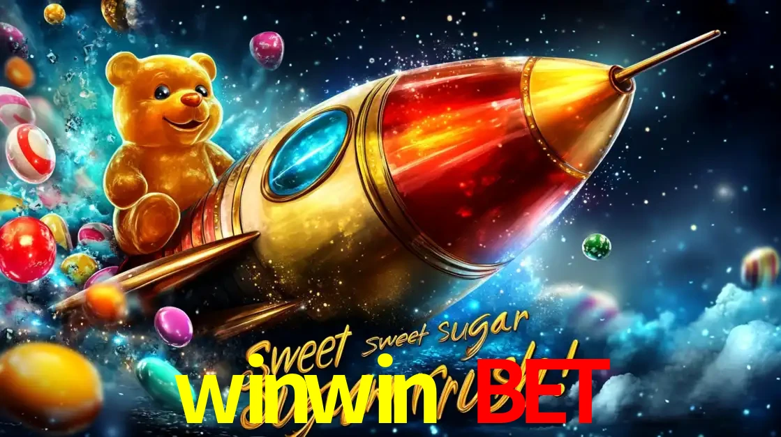 Arte promocional do jogo de slot Sugar Rush, com um urso de pelúcia em um foguete viajando pelo espaço de doces, um dos jogos divertidos disponíveis no cassino winwin bet.